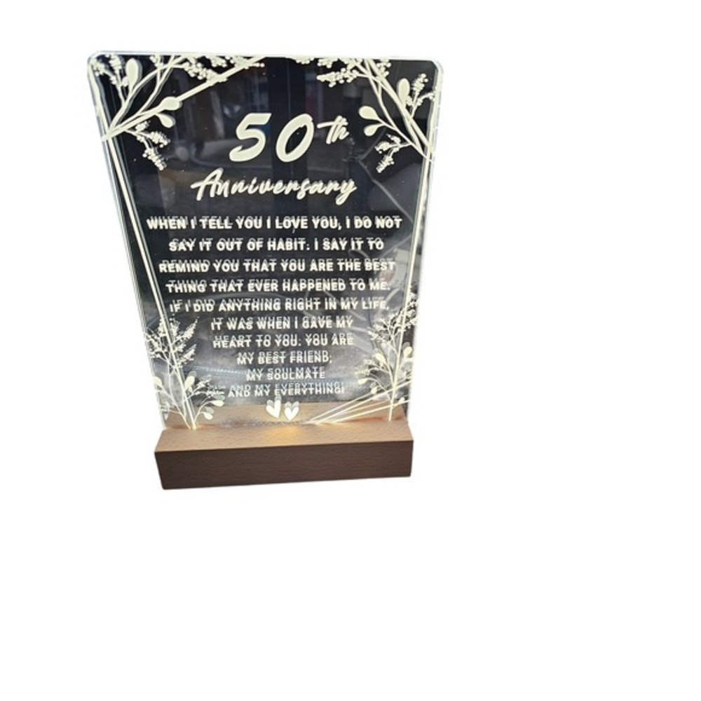 50th Anniversary Acrylic Plaque with LED Light Wood Base‎ Gift